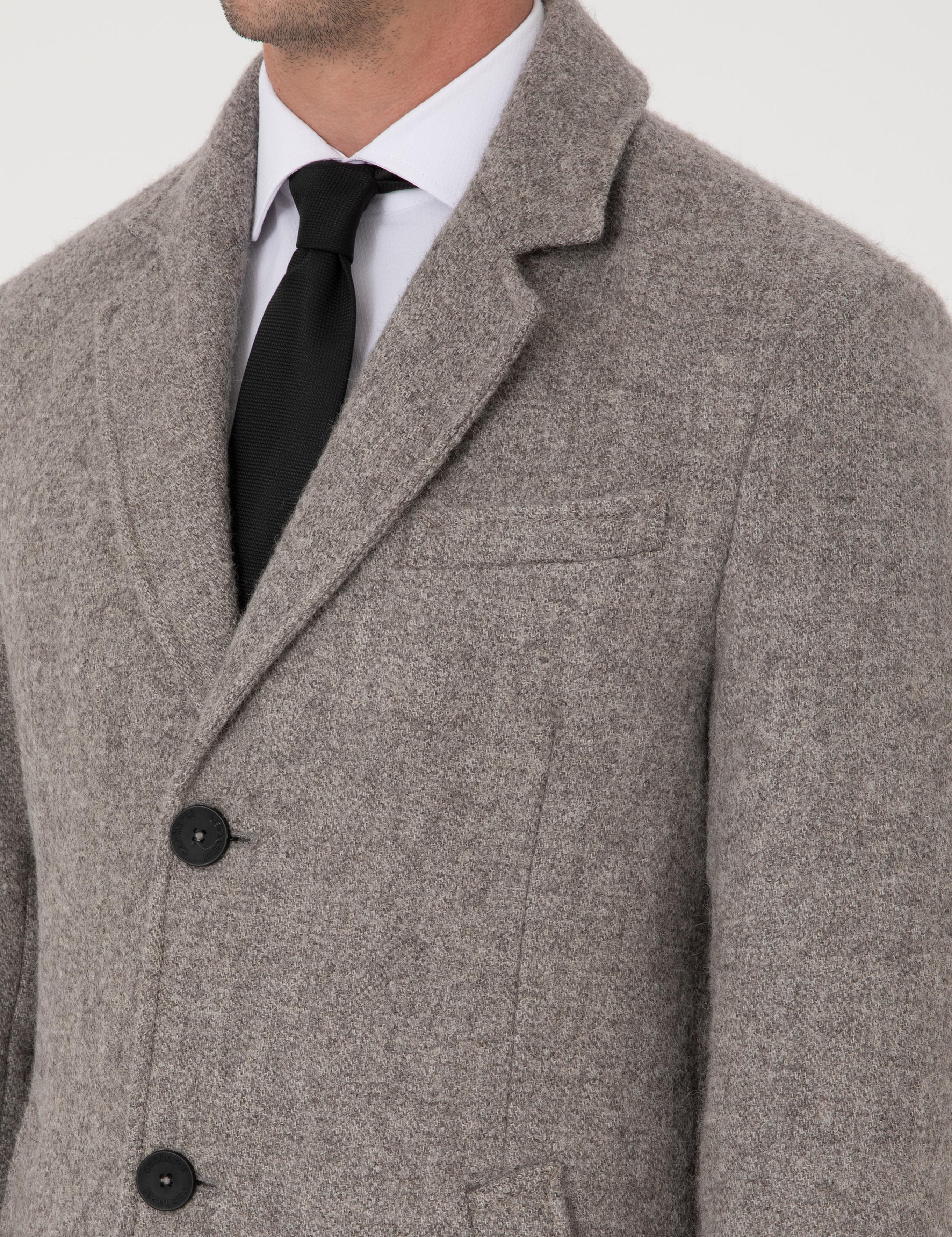 Gri Slim Fit Alpaka Yün Karışımlı Palto - 50314605002