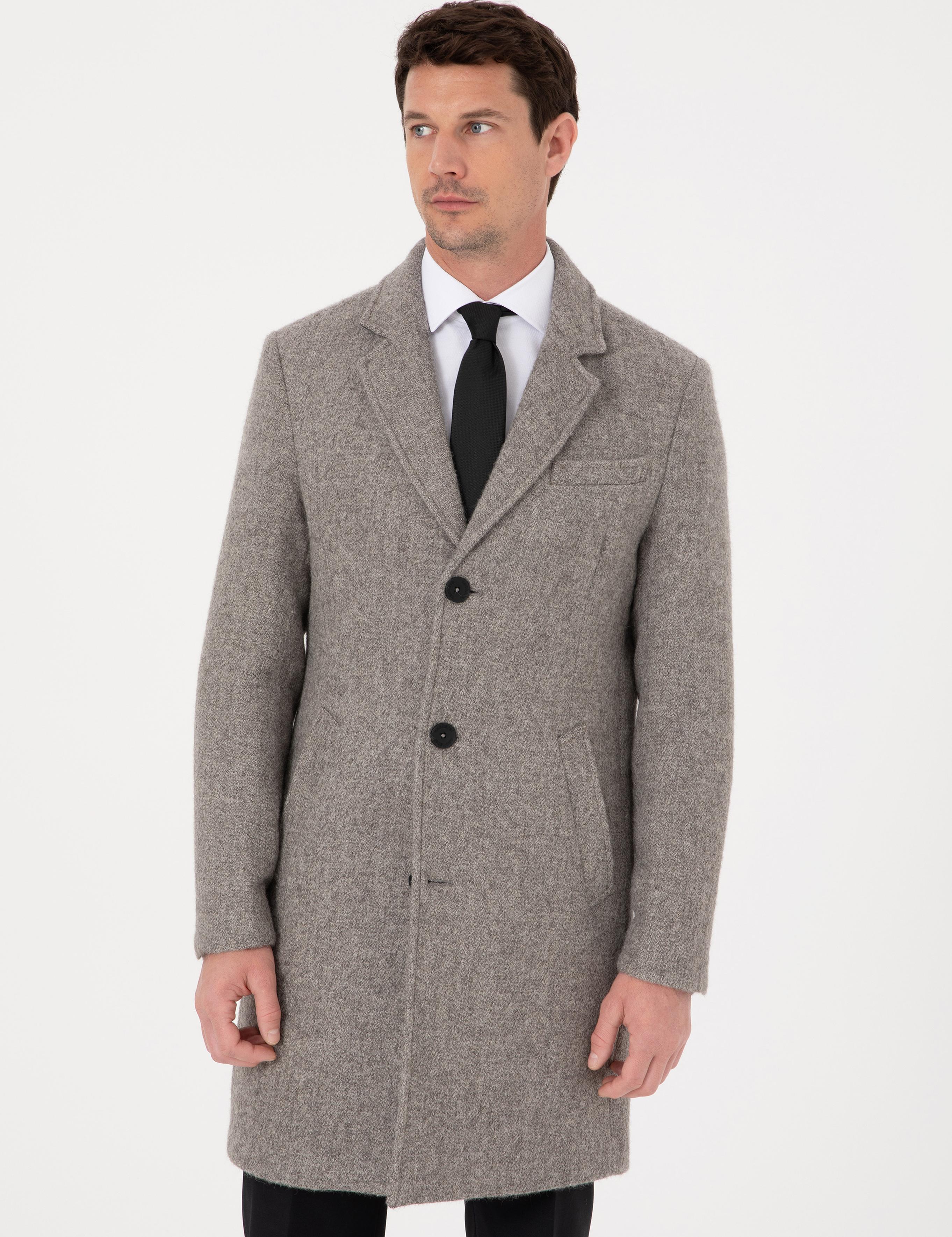Gri Slim Fit Alpaka Yün Karışımlı Palto - 50314605002