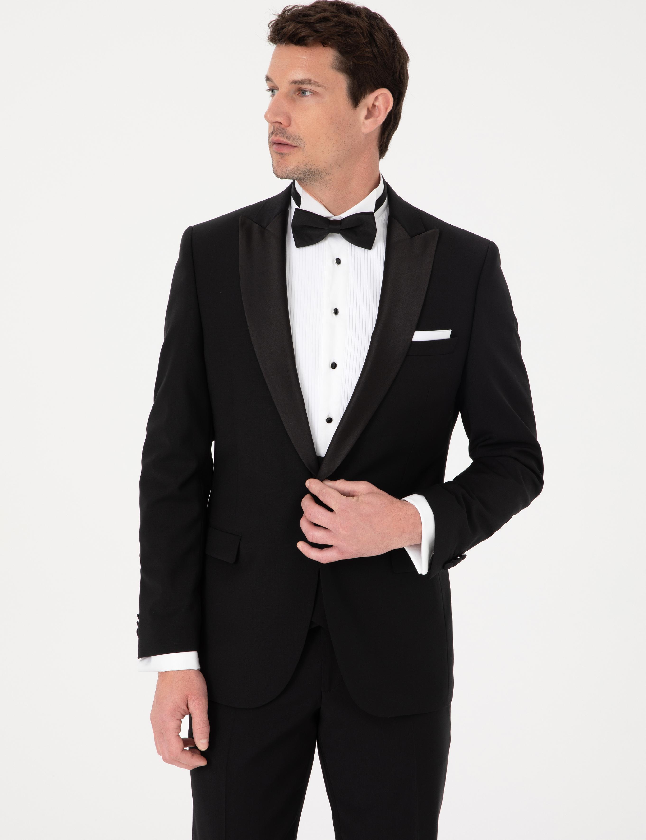 Siyah Slim Fit Yün Karışımlı Kırlangıç Yaka Smokin Damatlık - 50324561005