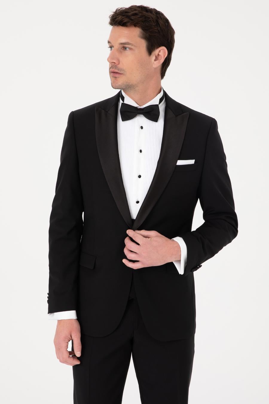 Siyah Slim Fit Yün Karışımlı Kırlangıç Yaka Smokin Damatlık - 50324561005
