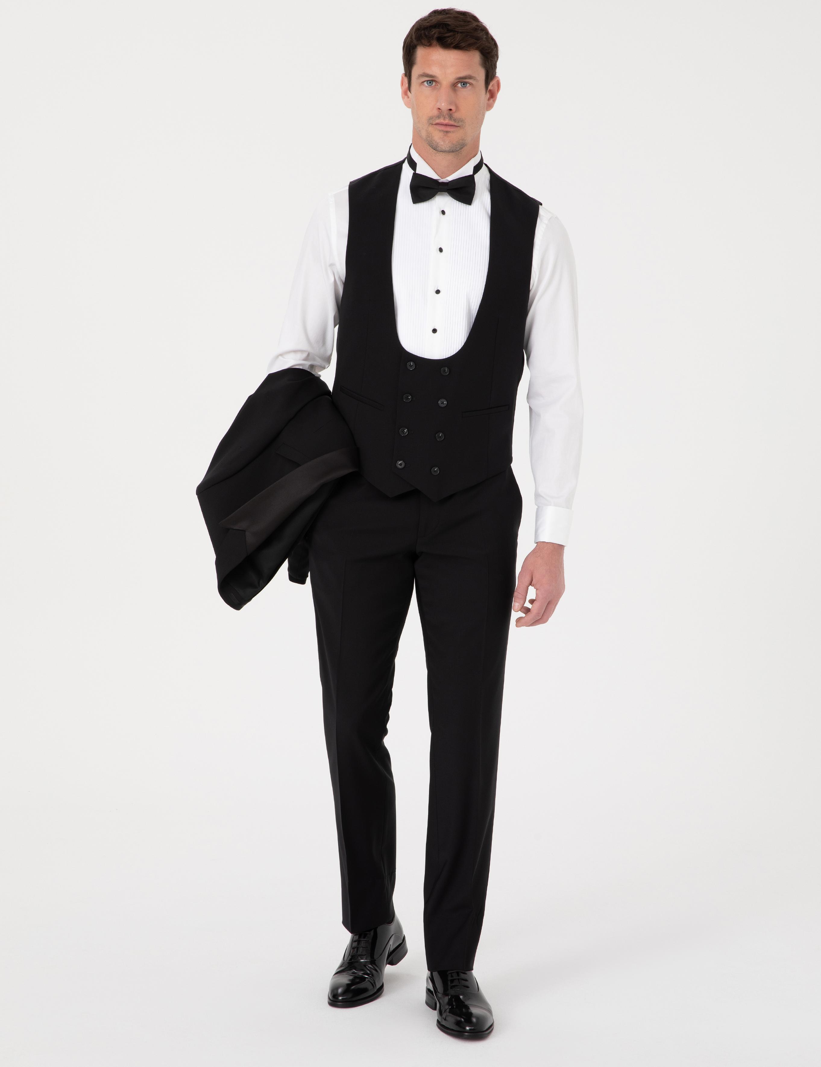 Siyah Slim Fit Yün Karışımlı Kırlangıç Yaka Smokin Damatlık - 50324561005