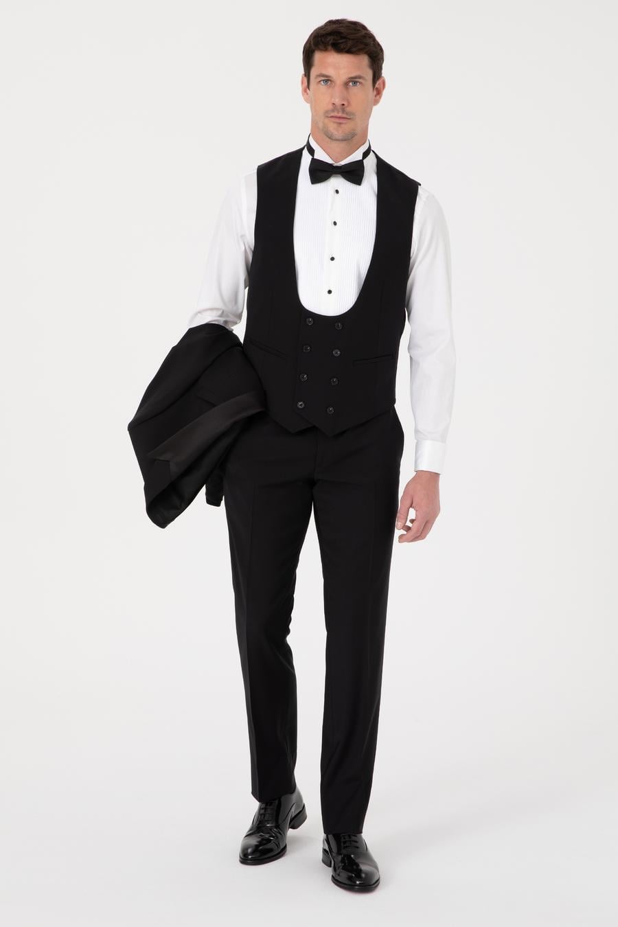 Siyah Slim Fit Yün Karışımlı Kırlangıç Yaka Smokin Damatlık - 50324561005