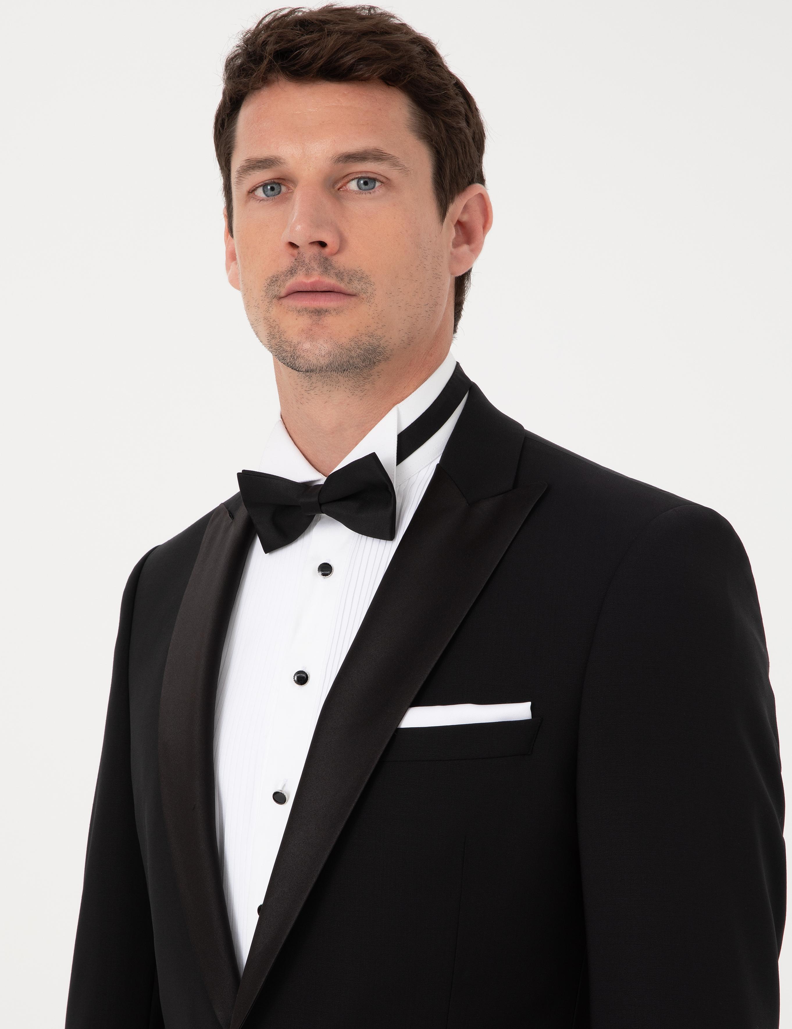 Siyah Slim Fit Yün Karışımlı Kırlangıç Yaka Smokin Damatlık - 50324561005