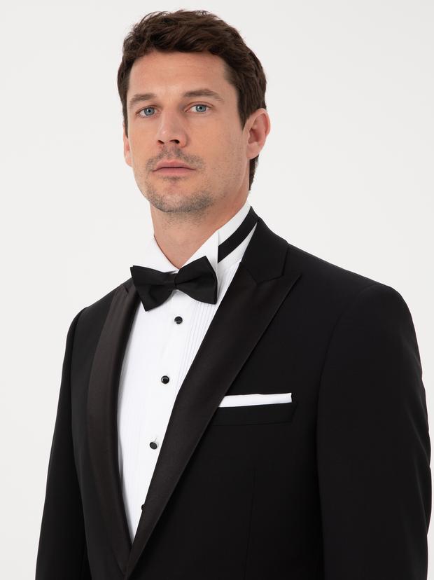 Siyah Slim Fit Yün Karışımlı Kırlangıç Yaka Smokin Damatlık