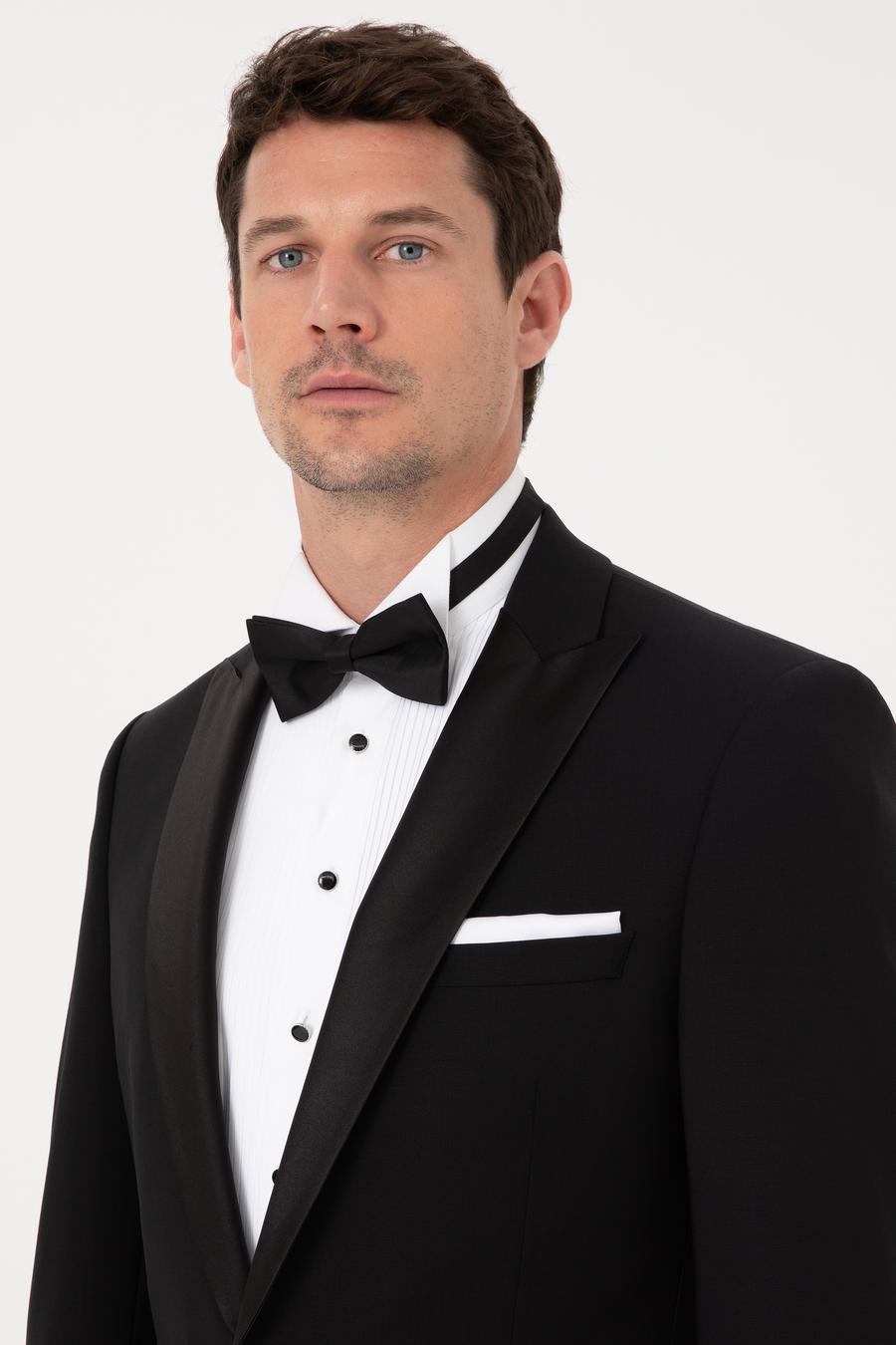 Siyah Slim Fit Yün Karışımlı Kırlangıç Yaka Smokin Damatlık - 50324561005