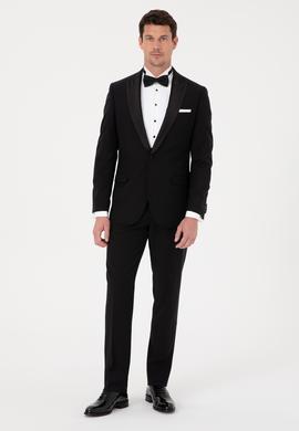 Siyah Slim Fit Yün Karışımlı Kırlangıç Yaka Smokin Damatlık
