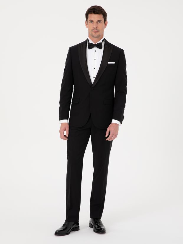 Siyah Slim Fit Yün Karışımlı Kırlangıç Yaka Smokin Damatlık