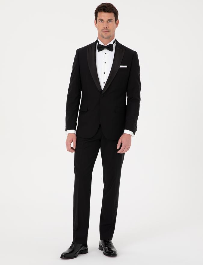 Siyah Slim Fit Yün Karışımlı Kırlangıç Yaka Smokin Damatlık