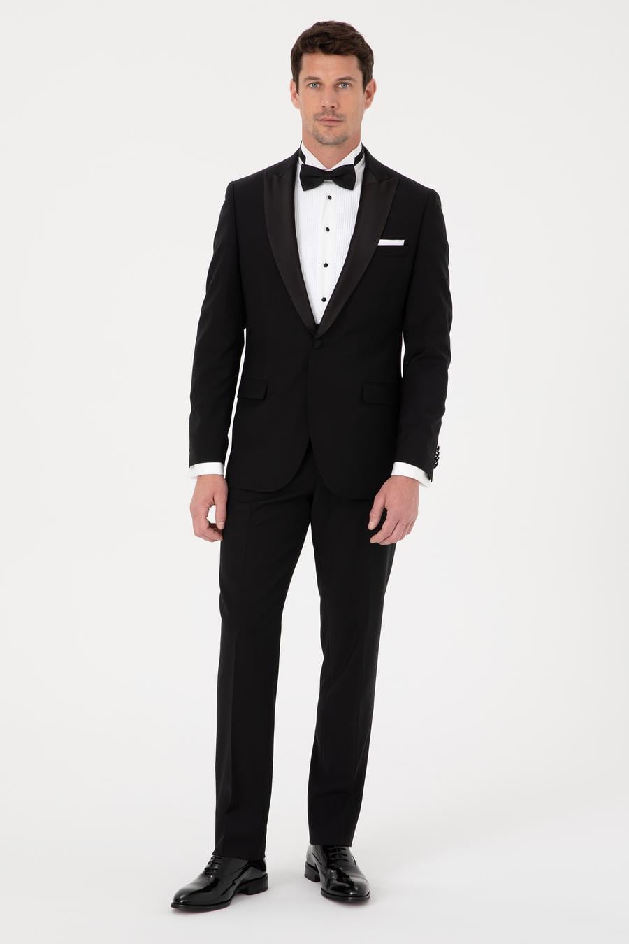Siyah Slim Fit Yün Karışımlı Kırlangıç Yaka Smokin Damatlık - 50324561005