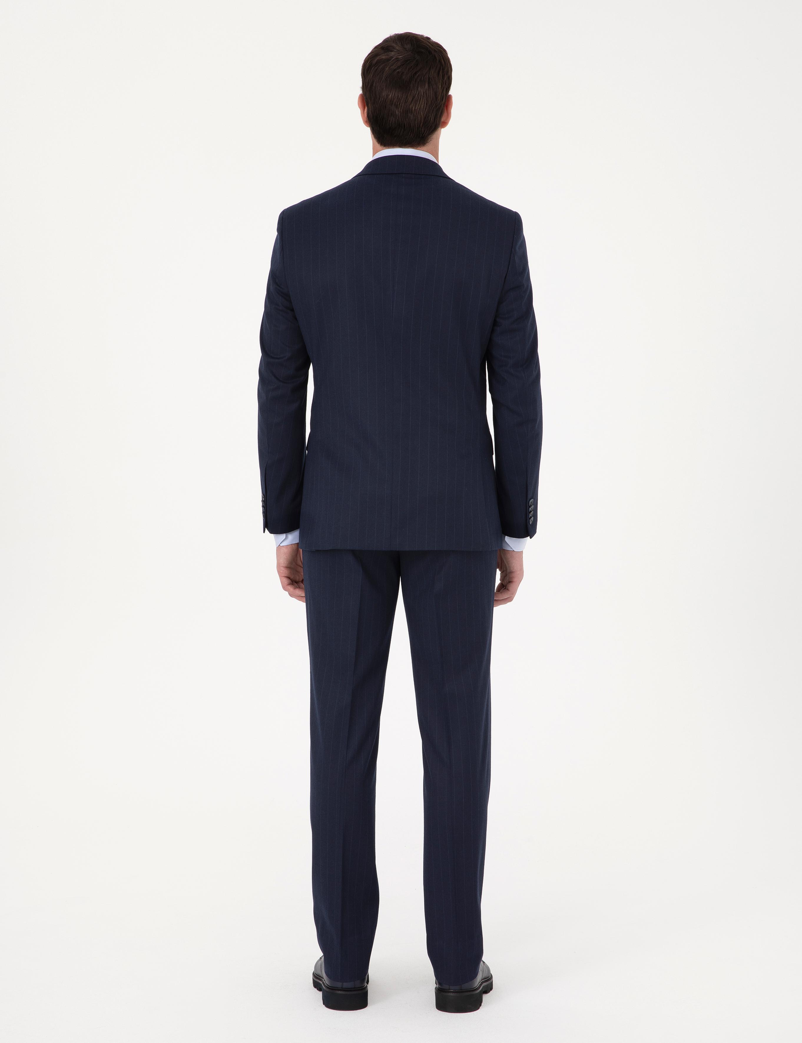 Lacivert Slim Fit Çizgili Kırlangıç Yaka Takım Elbise - 50318164005