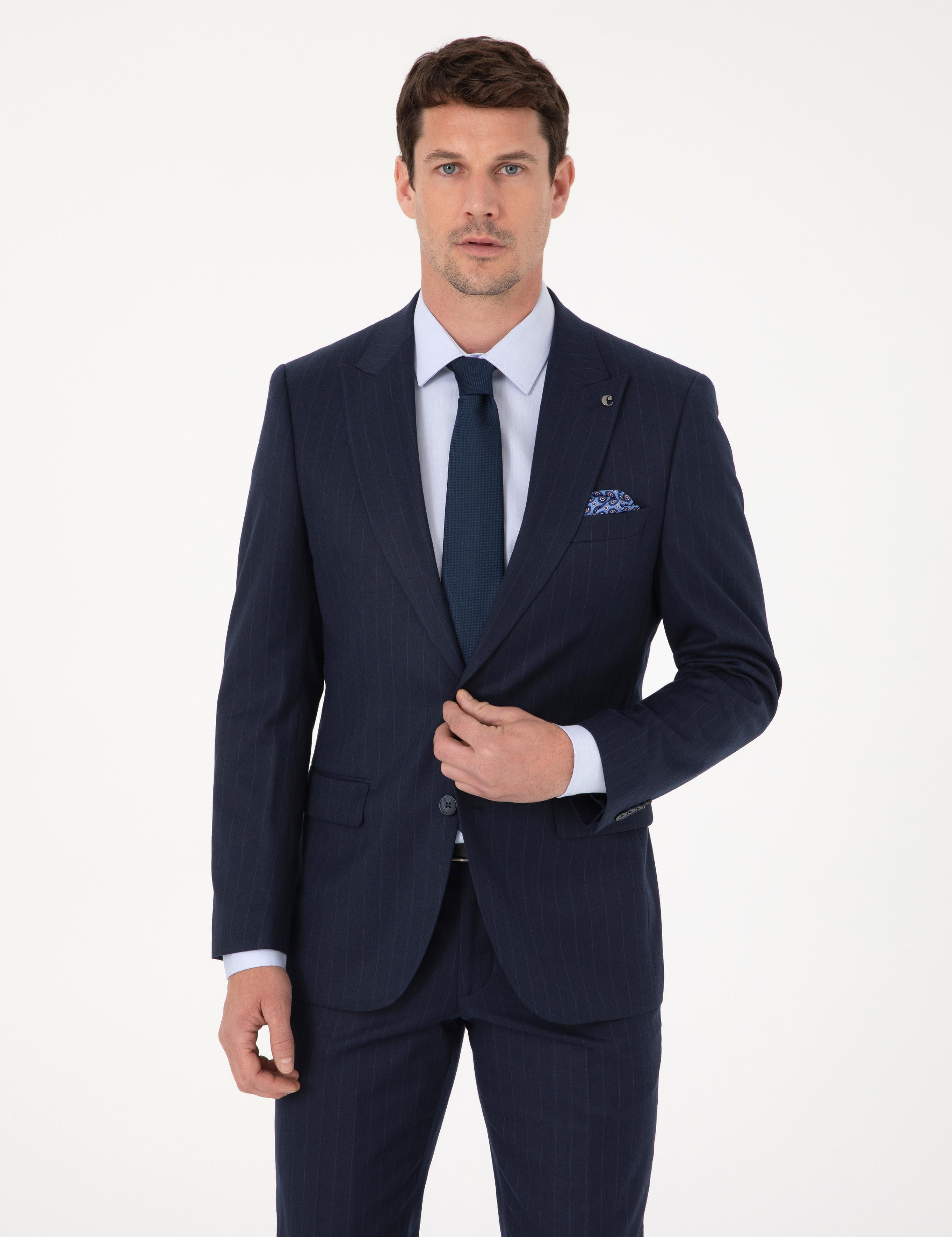 Lacivert Slim Fit Çizgili Kırlangıç Yaka Takım Elbise - 50318164005