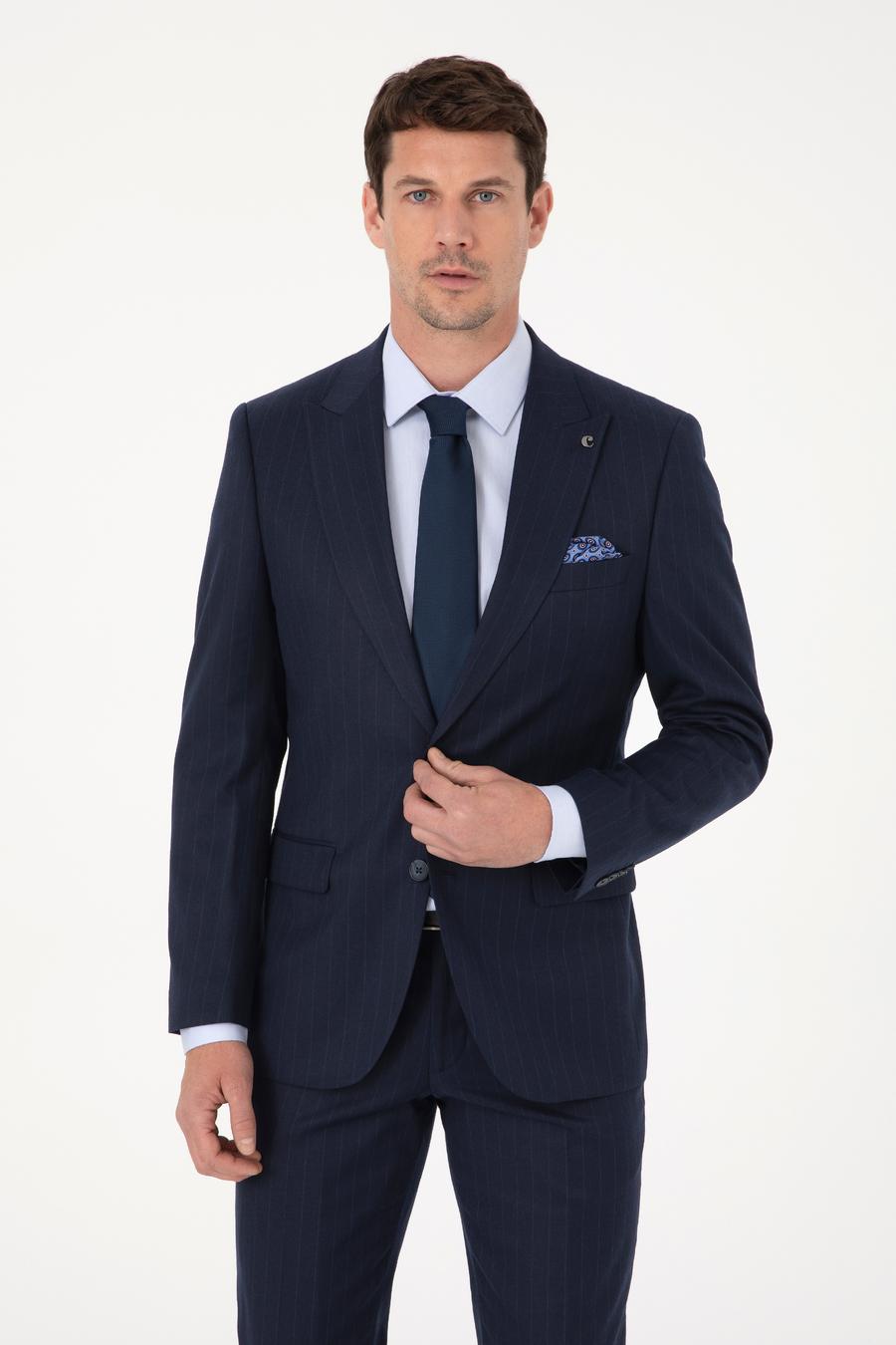 Lacivert Slim Fit Çizgili Kırlangıç Yaka Takım Elbise - 50318164005