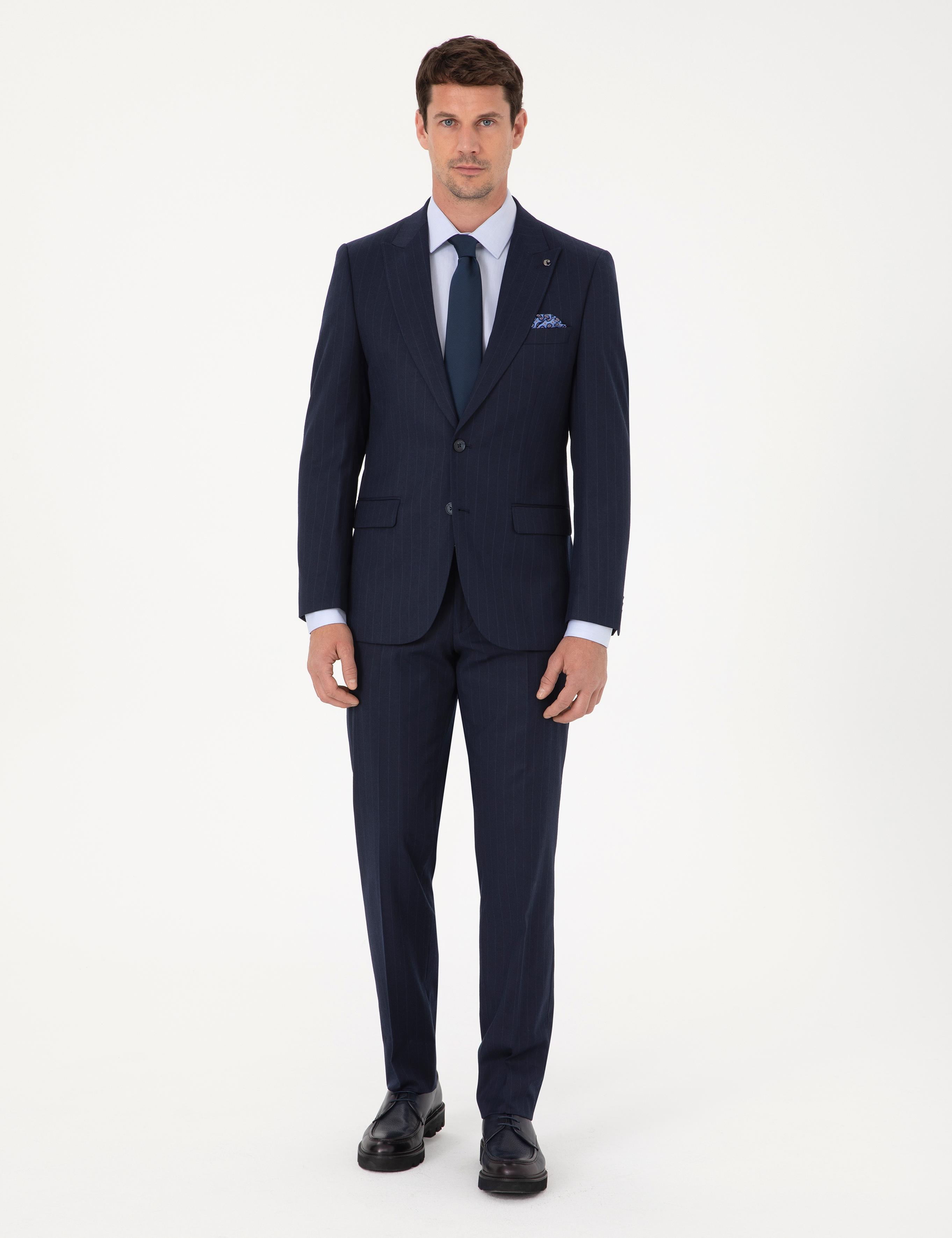 Lacivert Slim Fit Çizgili Kırlangıç Yaka Takım Elbise - 50318164005