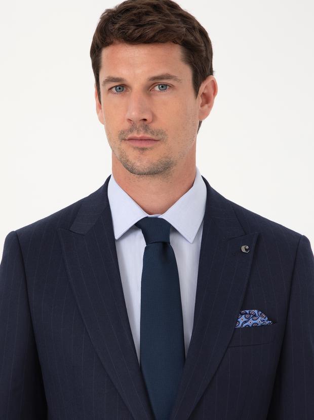 Lacivert Slim Fit Çizgili Kırlangıç Yaka Takım Elbise