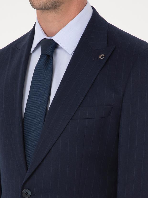 Lacivert Slim Fit Çizgili Kırlangıç Yaka Takım Elbise