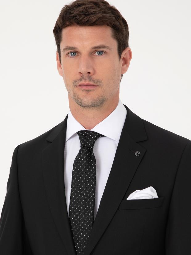 Siyah Slim Fit Yün Karışımlı Mikro Desenli Takım Elbise