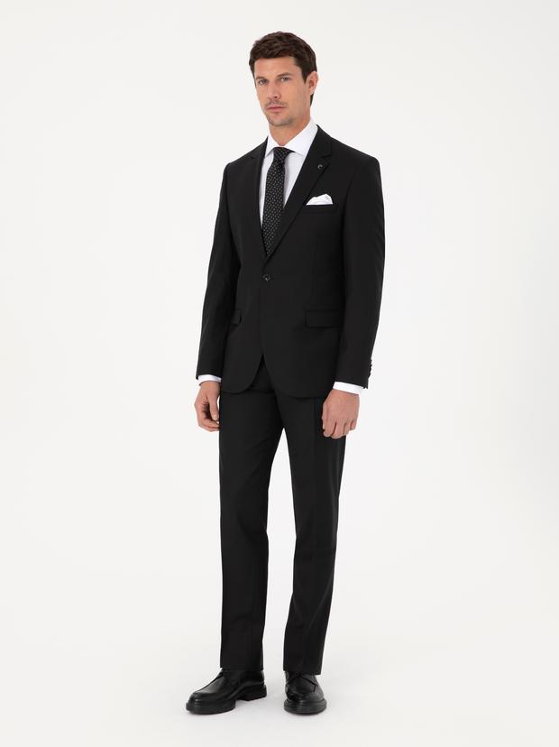 Siyah Slim Fit Yün Karışımlı Mikro Desenli Takım Elbise