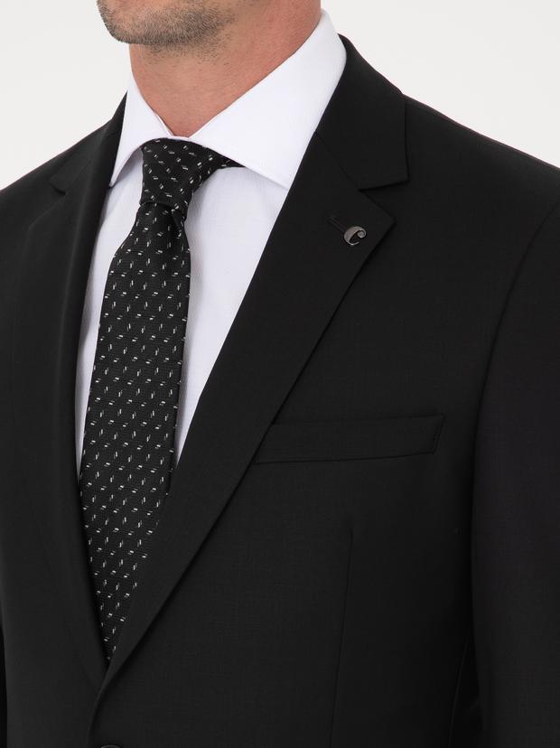 Siyah Slim Fit Yün Karışımlı Mikro Desenli Takım Elbise