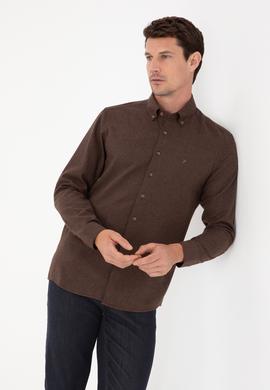 Koyu Kahverengi Slim Fit Pamuk Karışımlı Yakası Düğmeli Flanel Gömlek