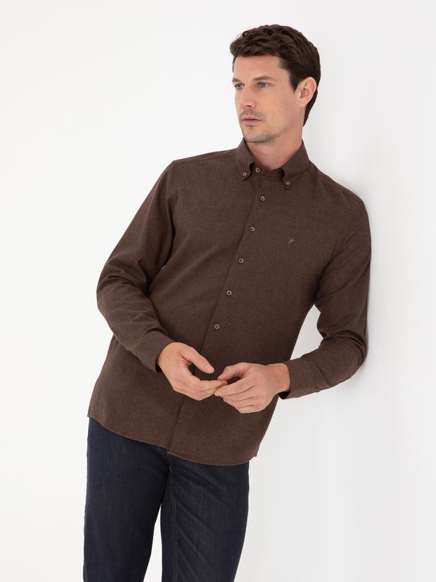 Koyu Kahverengi Slim Fit Pamuk Karışımlı Yakası Düğmeli Flanel Gömlek