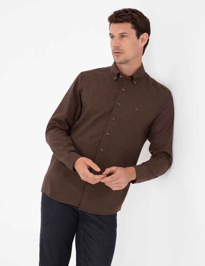 Koyu Kahverengi Slim Fit Pamuk Karışımlı Yakası Düğmeli Flanel Gömlek