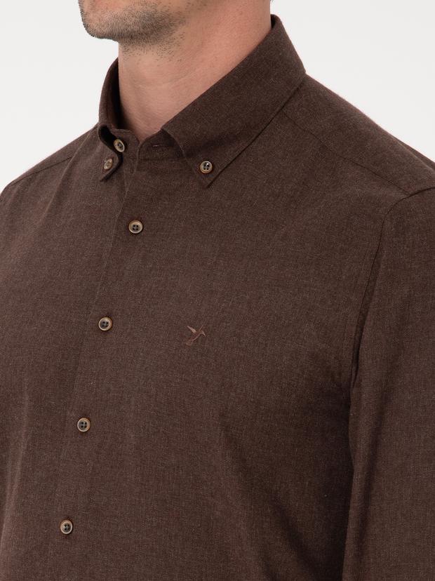 Koyu Kahverengi Slim Fit Pamuk Karışımlı Yakası Düğmeli Flanel Gömlek
