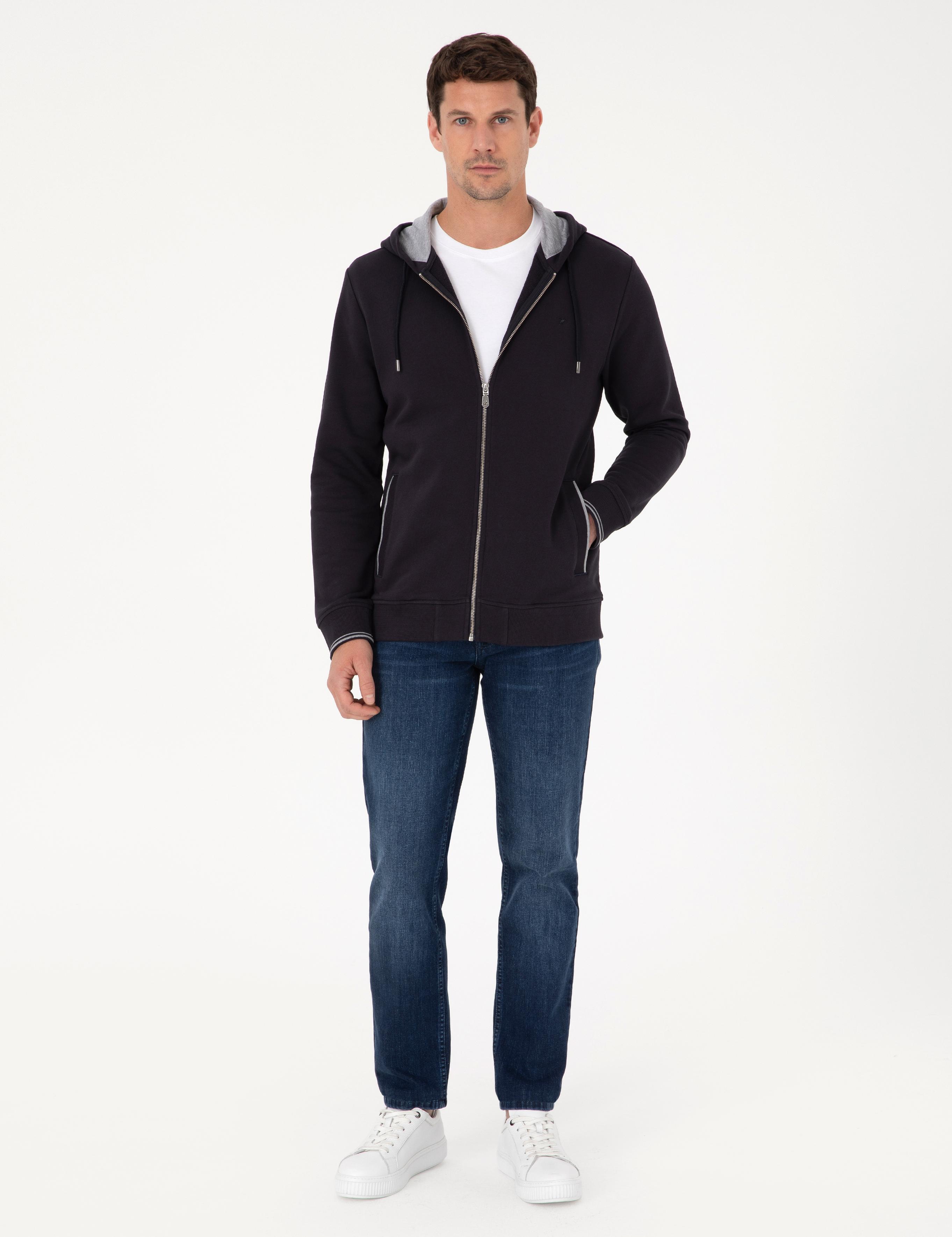 Lacivert Regular Fit Pamuk Karışımlı Tam Fermuarlı Kapüşonlu Sweatshirt - 50318867003