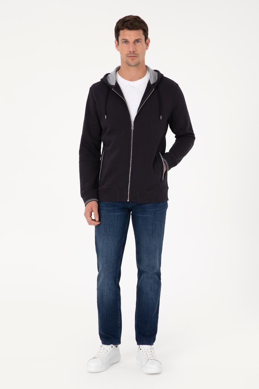 Lacivert Regular Fit Pamuk Karışımlı Tam Fermuarlı Kapüşonlu Sweatshirt - 50318867003