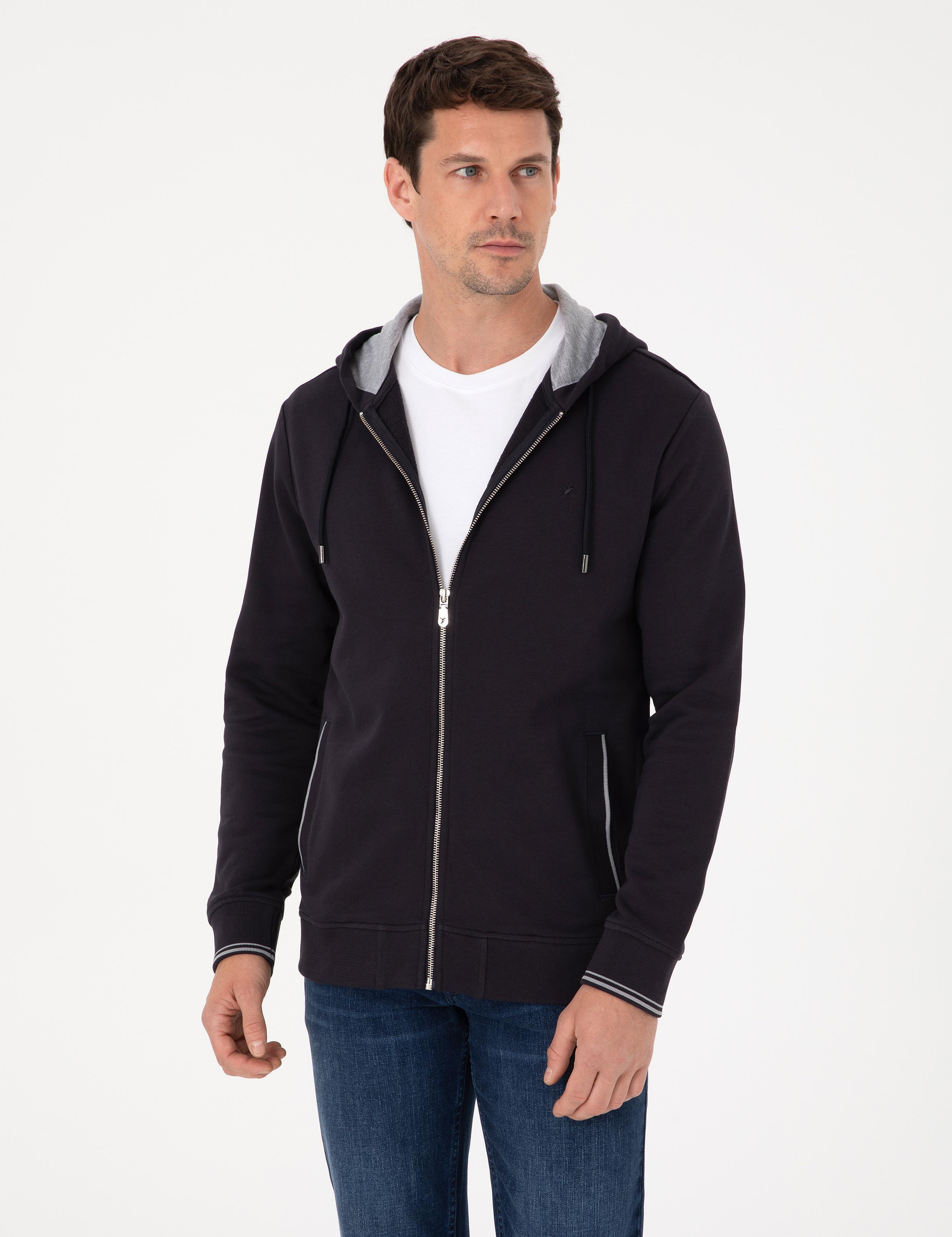 Lacivert Regular Fit Pamuk Karışımlı Tam Fermuarlı Kapüşonlu Sweatshirt - 50318867003