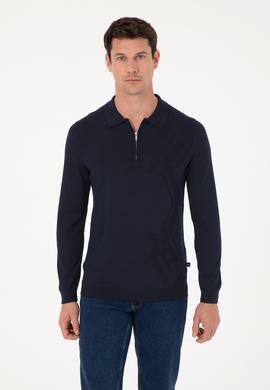 Lacivert Regular Fit Yün Karışımlı Fermuarlı Polo Yaka Triko Kazak