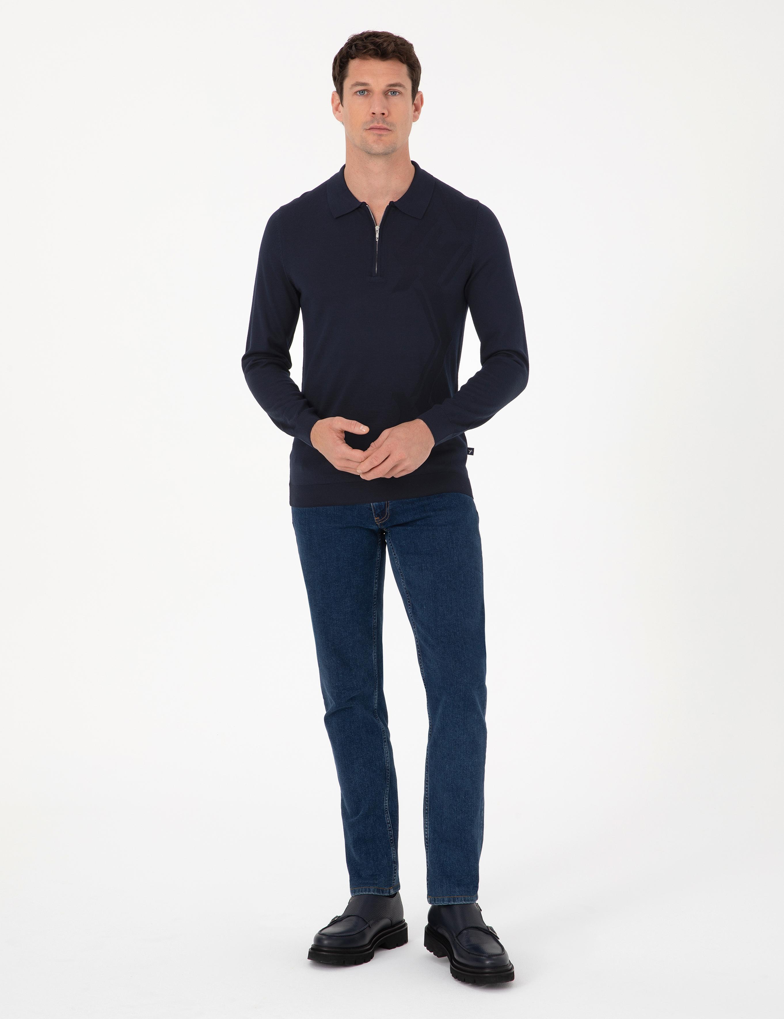 Lacivert Regular Fit Yün Karışımlı Fermuarlı Polo Yaka Triko Kazak - 50311911027