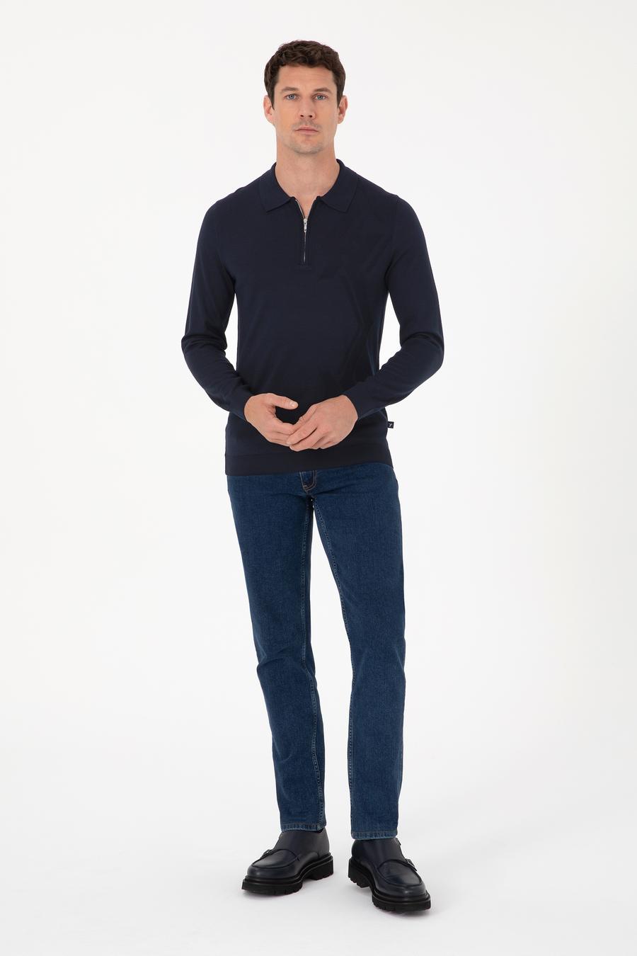 Lacivert Regular Fit Yün Karışımlı Fermuarlı Polo Yaka Triko Kazak - 50311911027