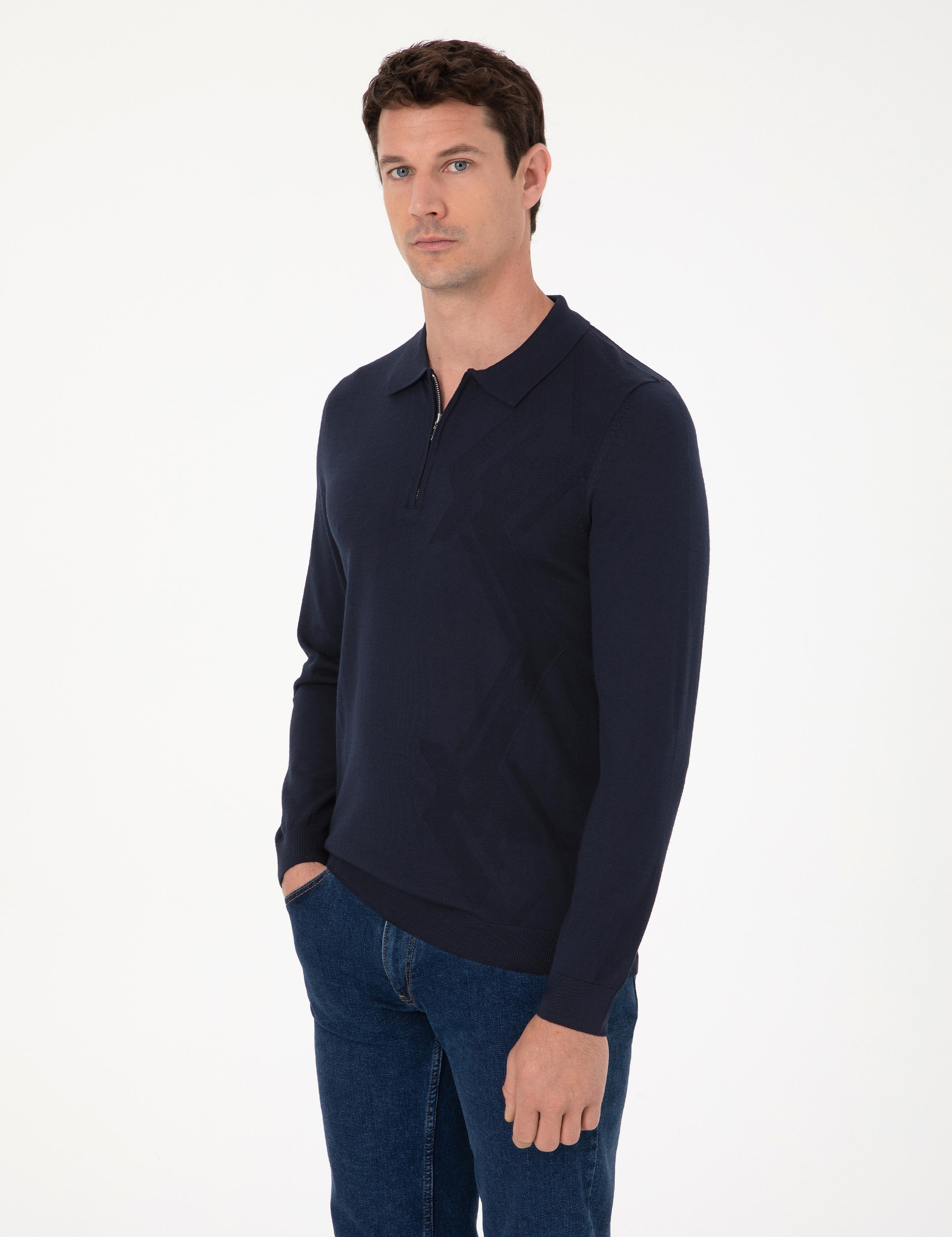 Lacivert Regular Fit Yün Karışımlı Fermuarlı Polo Yaka Triko Kazak - 50311911027