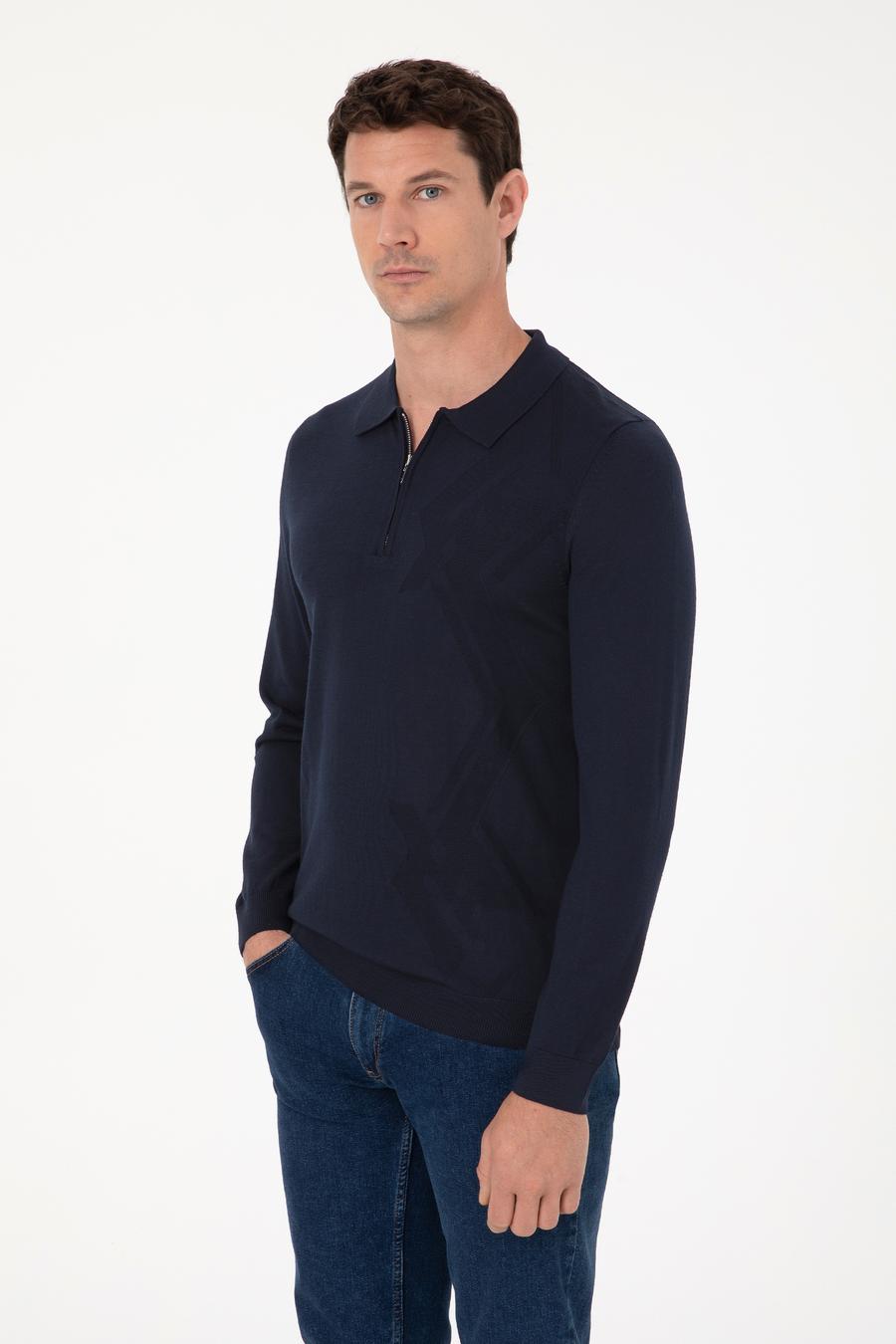 Lacivert Regular Fit Yün Karışımlı Fermuarlı Polo Yaka Triko Kazak - 50311911027
