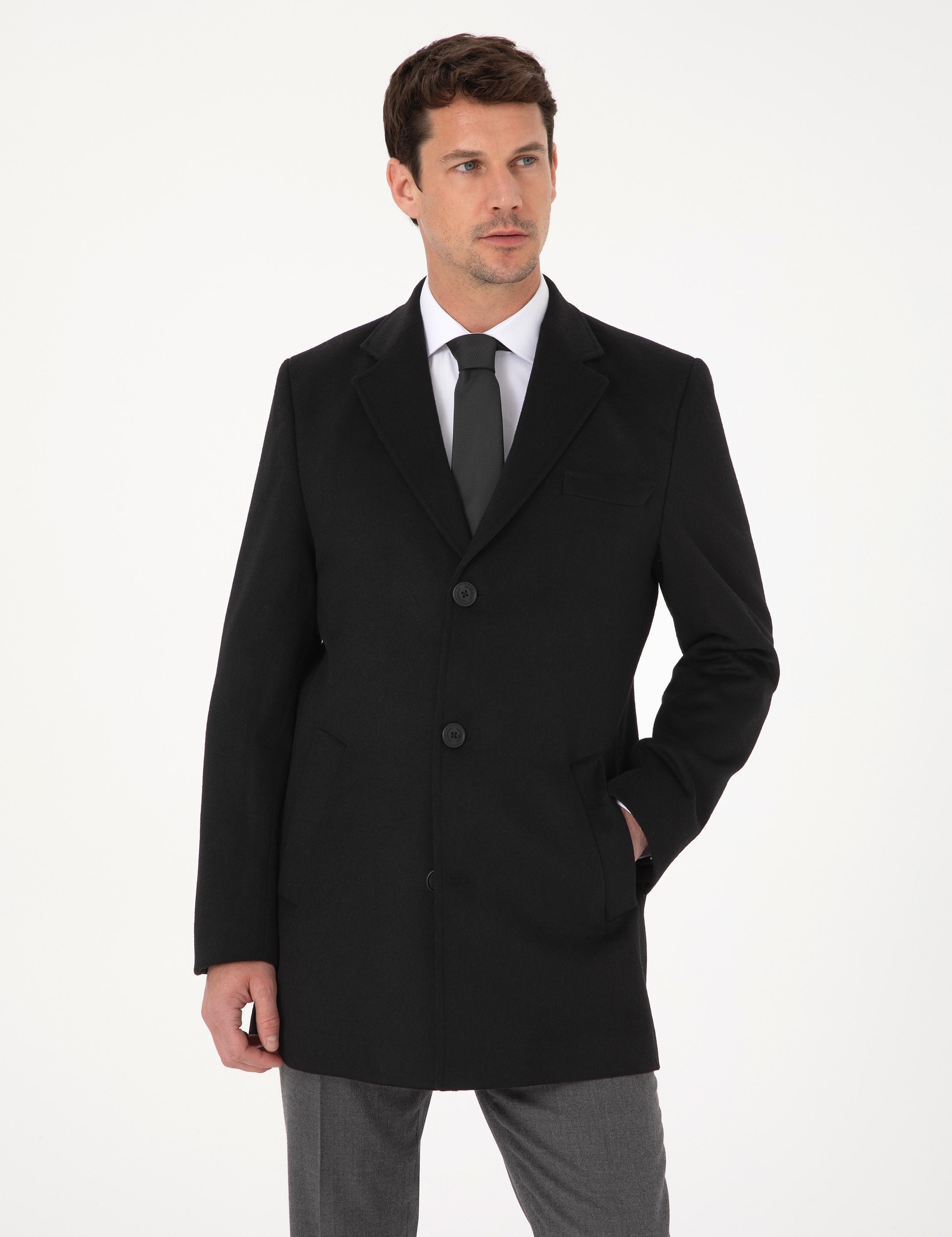 Siyah Ex Slim Fit Yün Karışımlı Palto - 50319242005