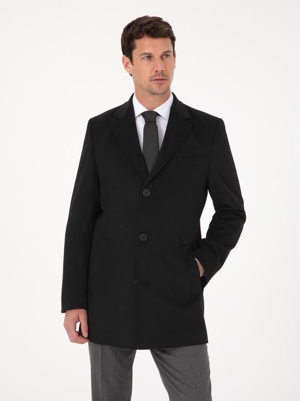 Siyah Ex Slim Fit Yün Karışımlı Palto