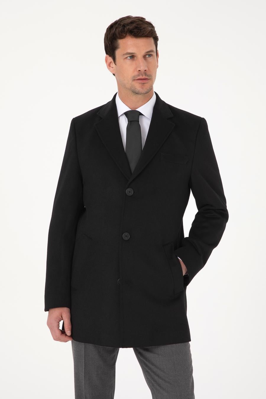 Siyah Ex Slim Fit Yün Karışımlı Palto - 50319242005