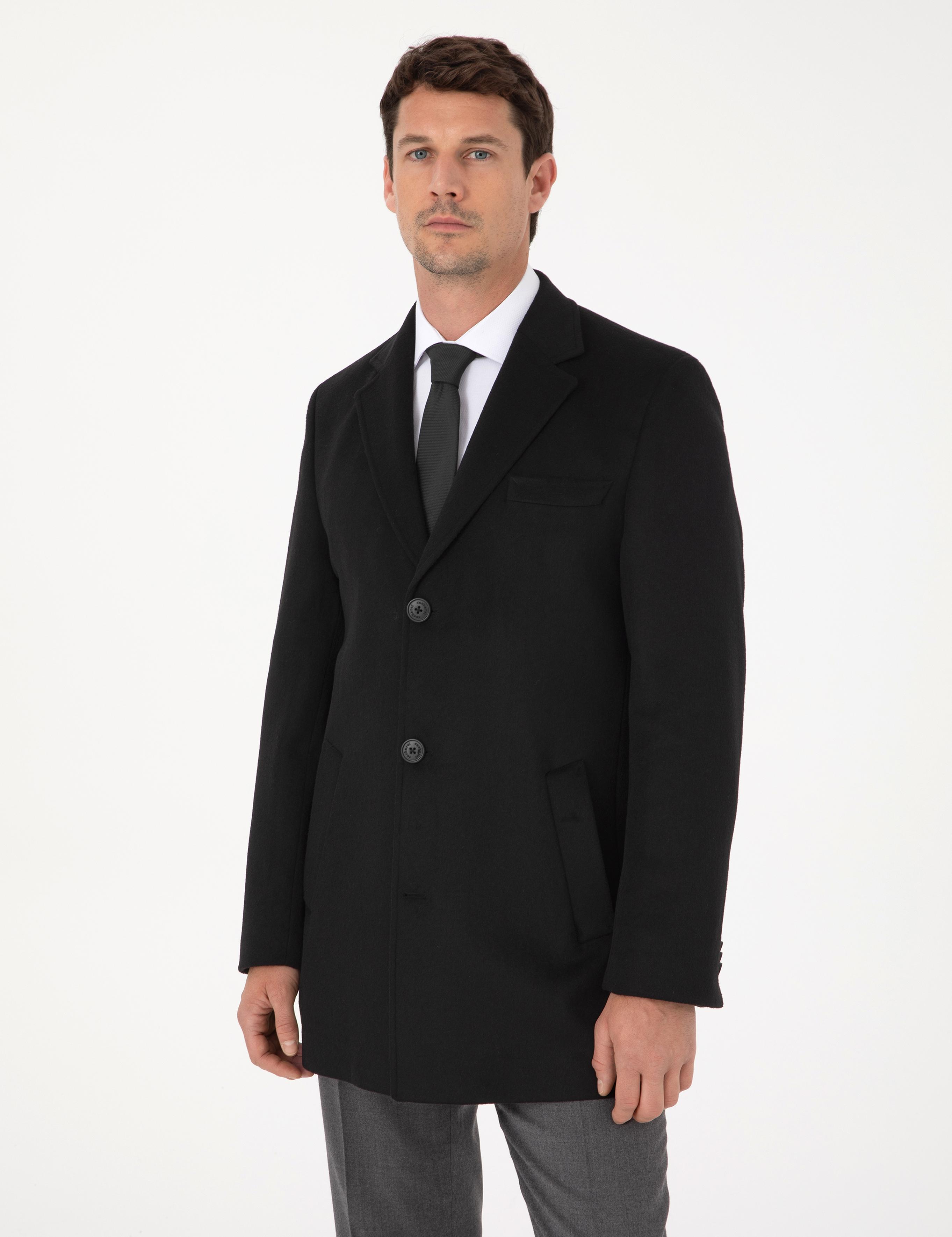 Siyah Ex Slim Fit Yün Karışımlı Palto - 50319242005