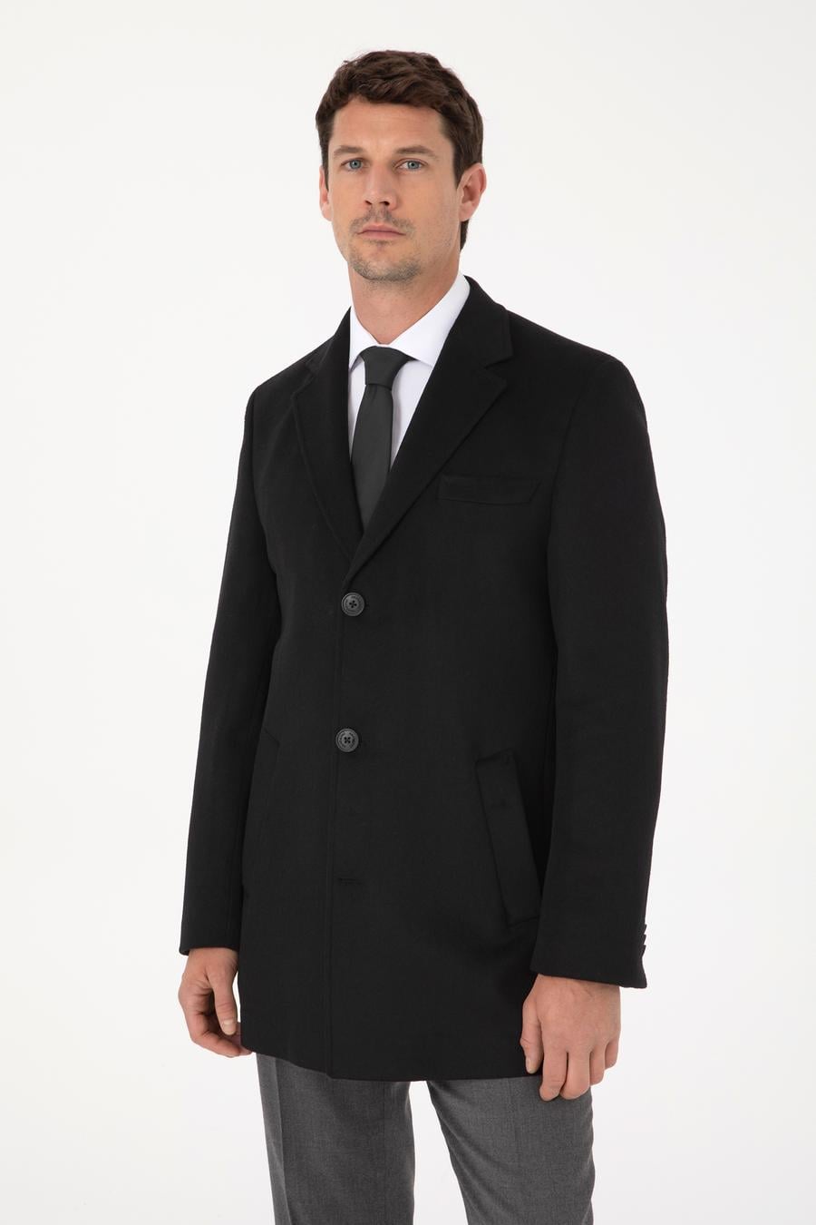 Siyah Ex Slim Fit Yün Karışımlı Palto - 50319242005
