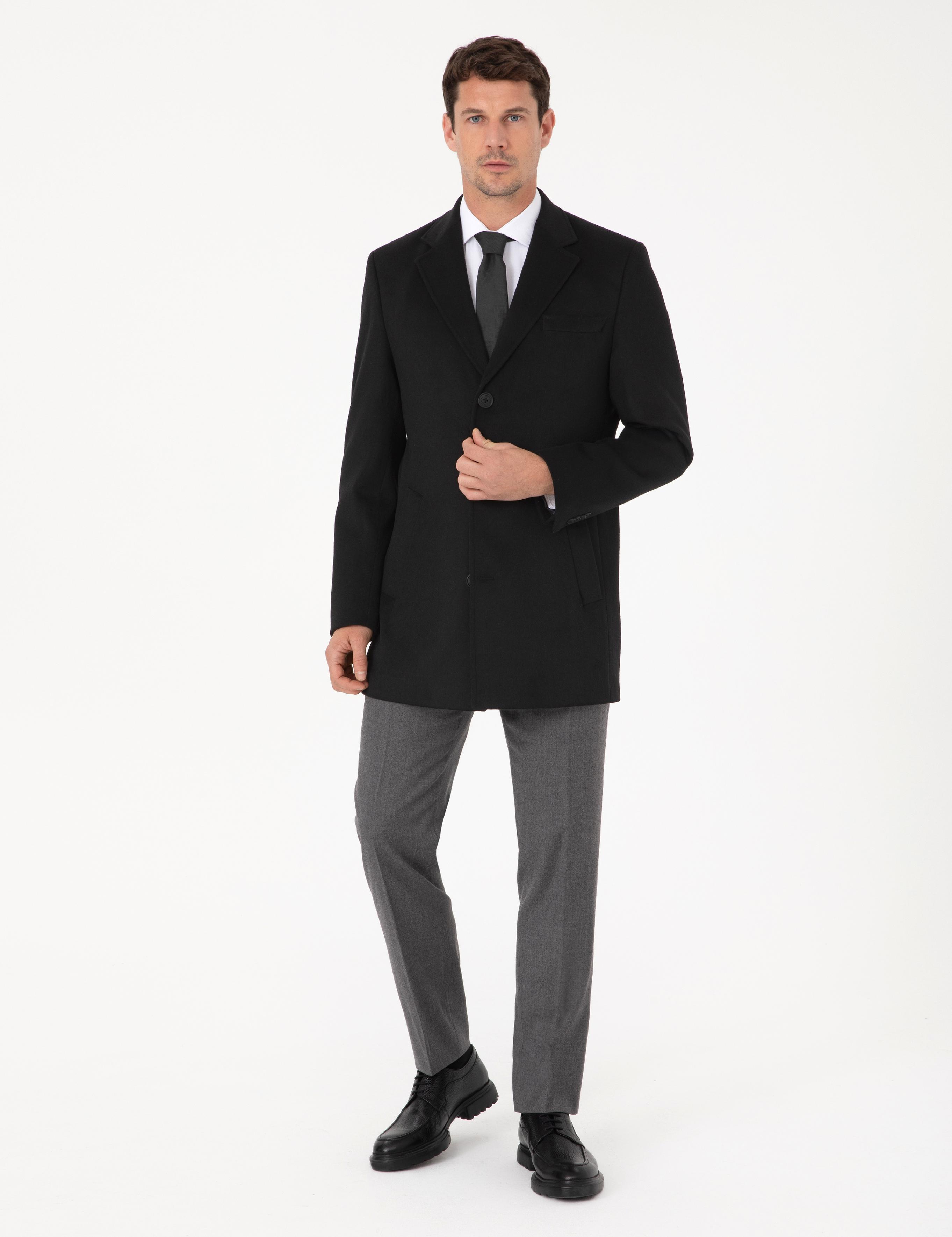 Siyah Ex Slim Fit Yün Karışımlı Palto - 50319242005
