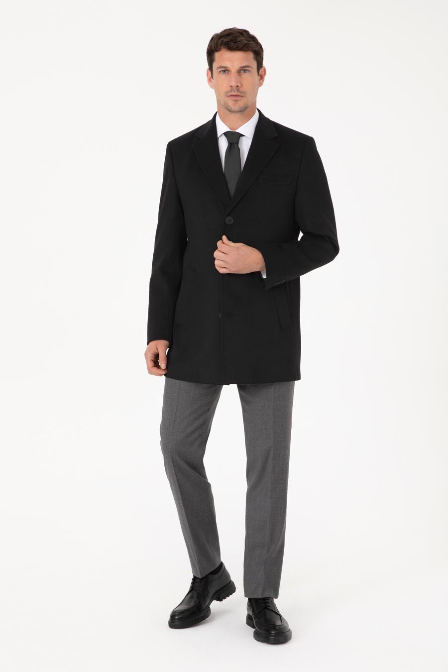Siyah Ex Slim Fit Yün Karışımlı Palto - 50319242005
