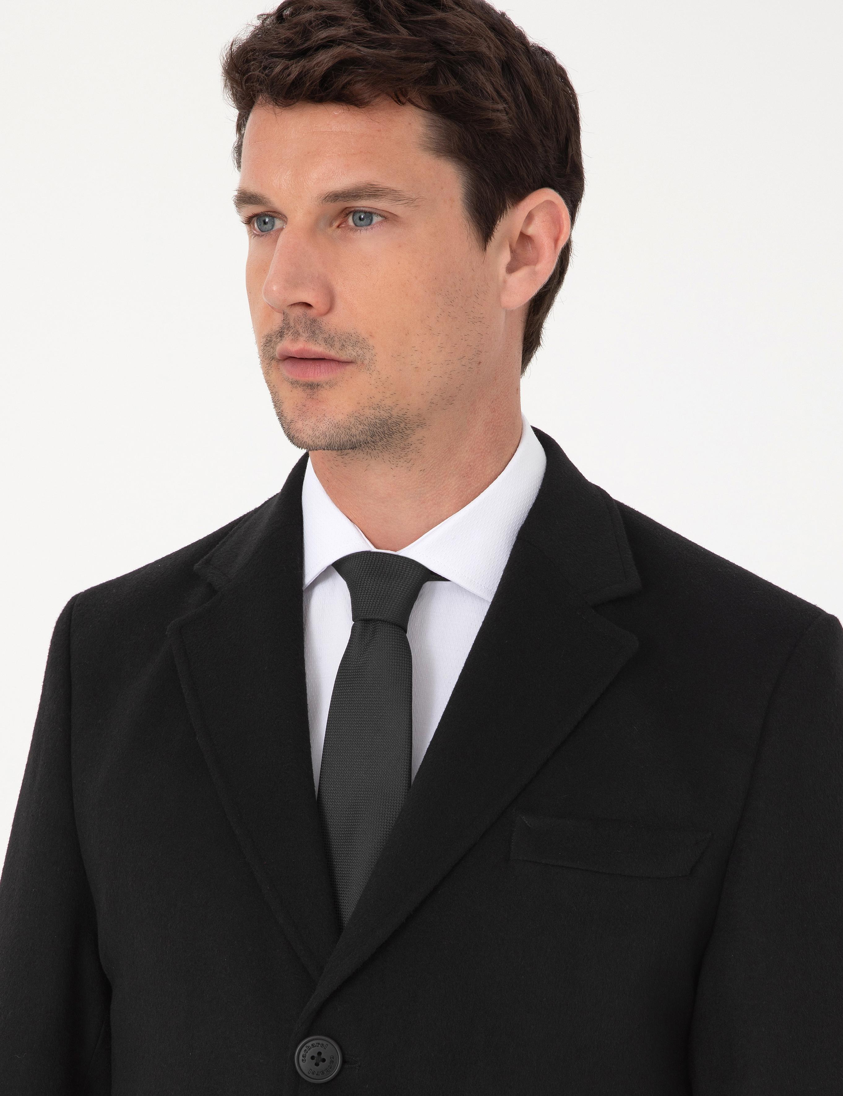 Siyah Ex Slim Fit Yün Karışımlı Palto - 50319242005
