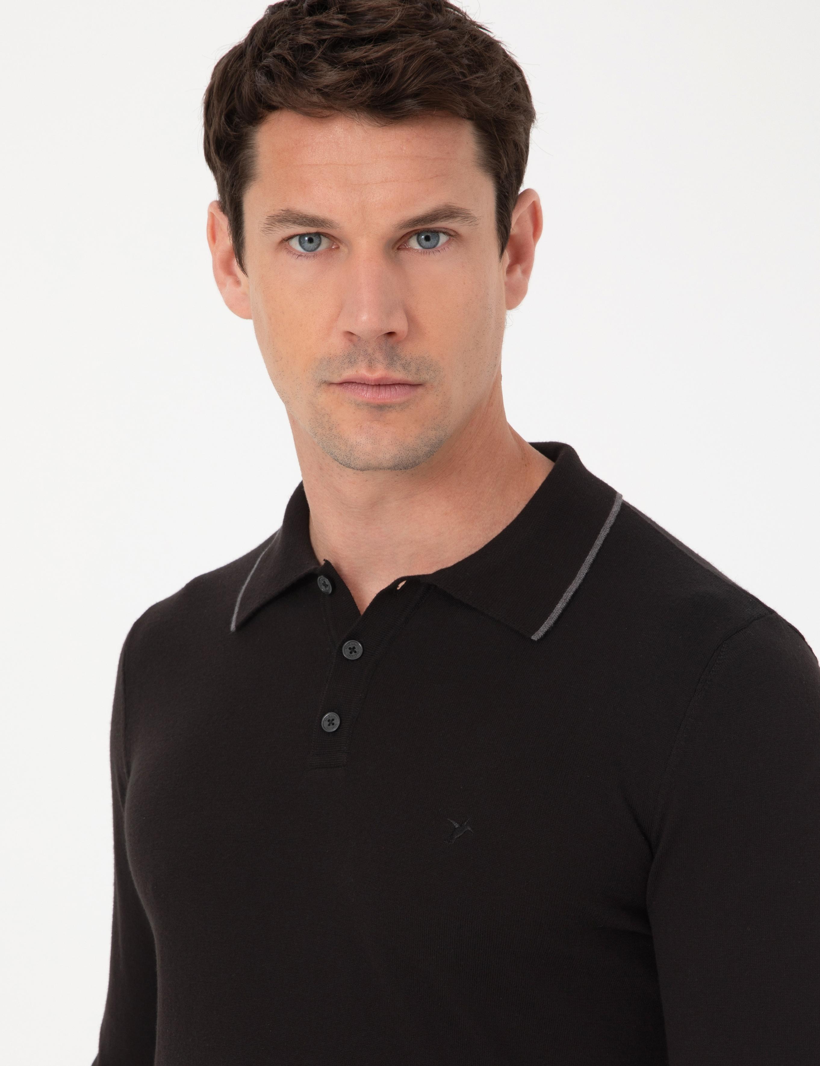 Siyah Slim Fit Pamuk Karışımlı Polo Yaka Triko Kazak - 50318712002