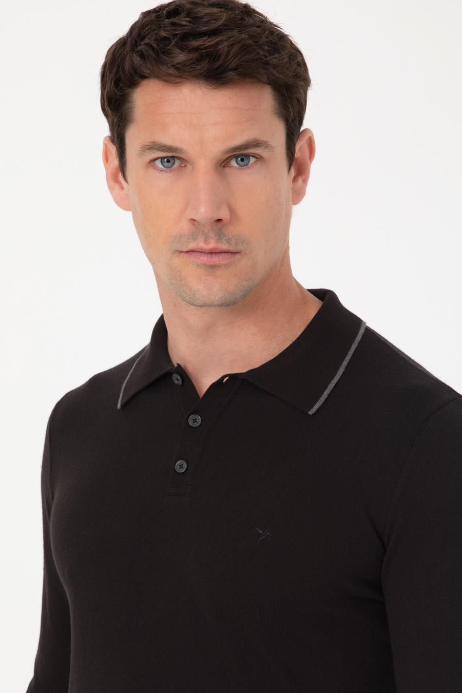 Siyah Slim Fit Pamuk Karışımlı Polo Yaka Triko Kazak - 50318712002