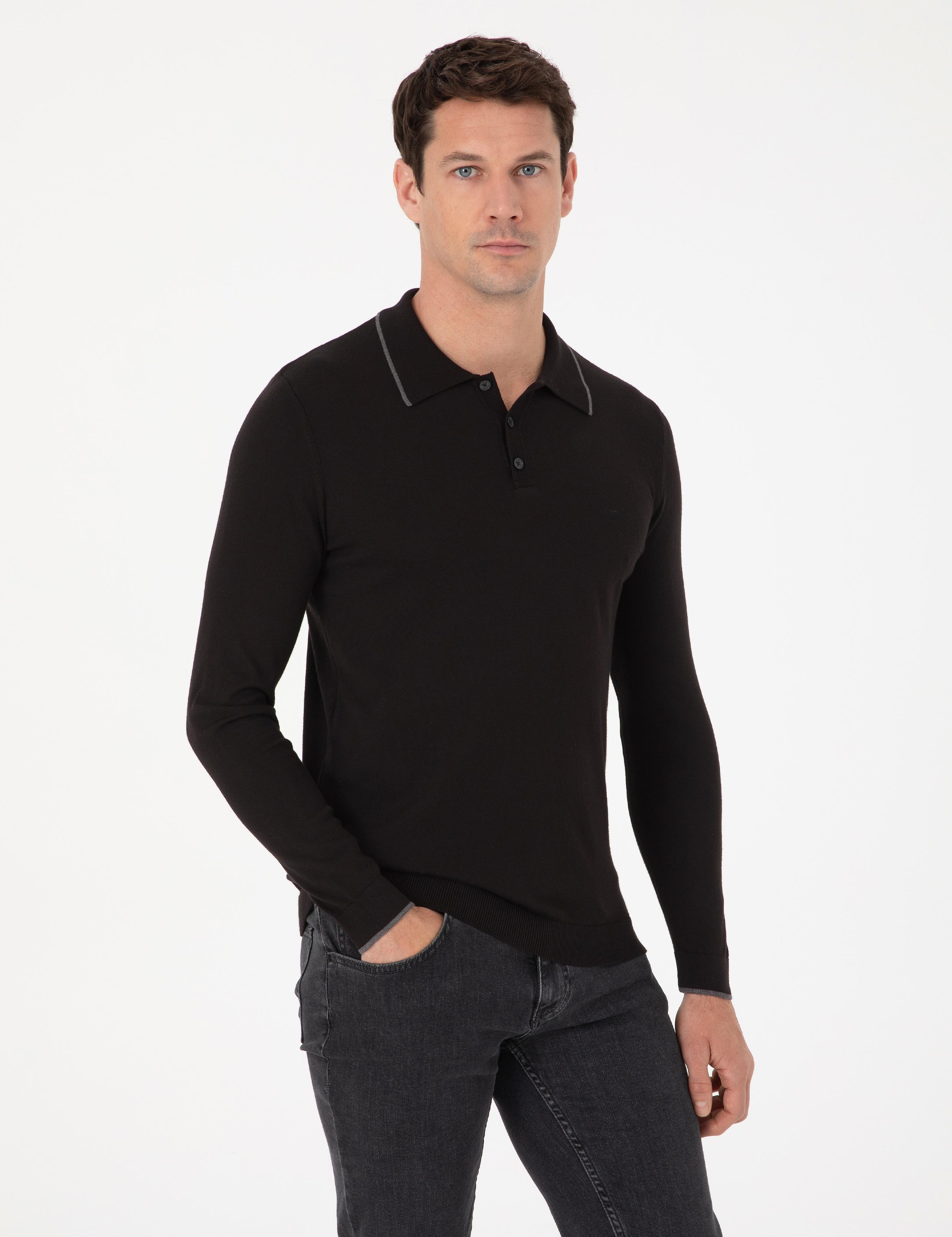 Siyah Slim Fit Pamuk Karışımlı Polo Yaka Triko Kazak - 50318712002