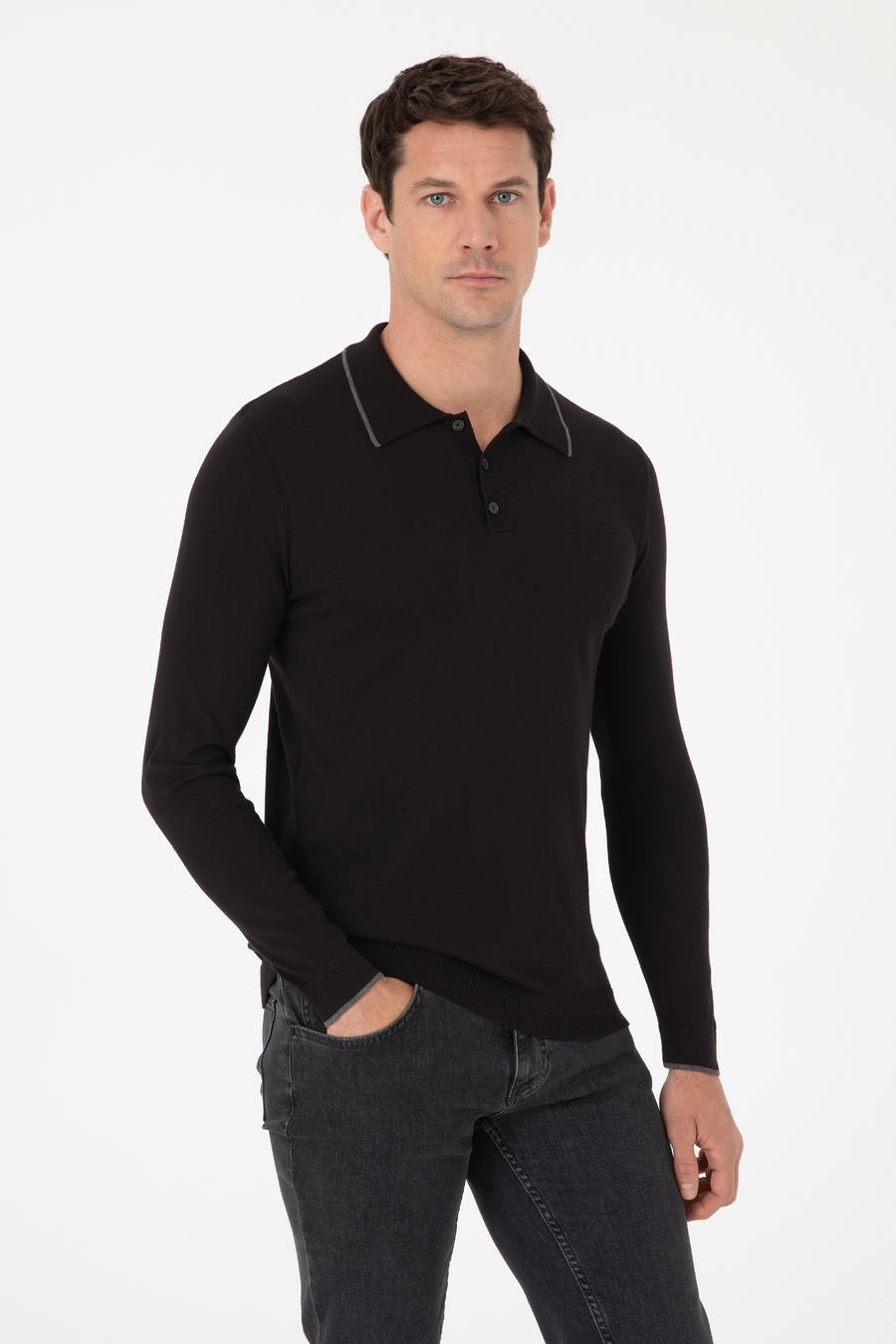 Siyah Slim Fit Pamuk Karışımlı Polo Yaka Triko Kazak - 50318712002