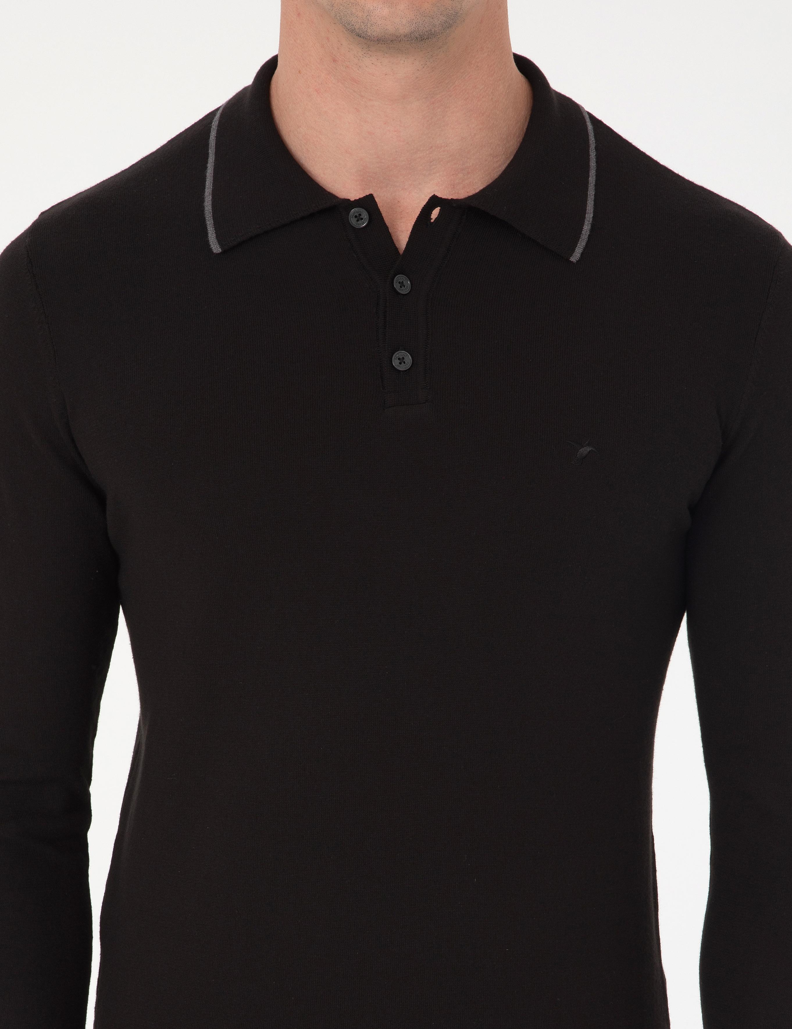 Siyah Slim Fit Pamuk Karışımlı Polo Yaka Triko Kazak - 50318712002