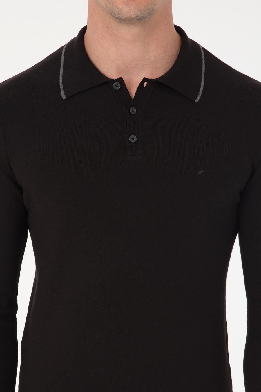 Siyah Slim Fit Pamuk Karışımlı Polo Yaka Triko Kazak - 50318712002