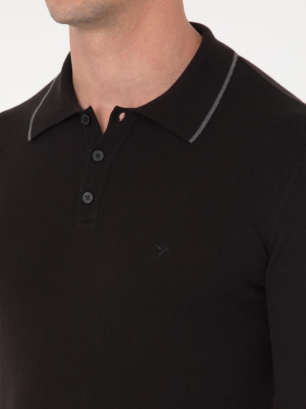 Siyah Slim Fit Pamuk Karışımlı Polo Yaka Triko Kazak