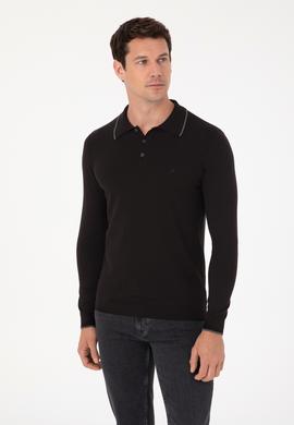 Siyah Slim Fit Pamuk Karışımlı Polo Yaka Triko Kazak
